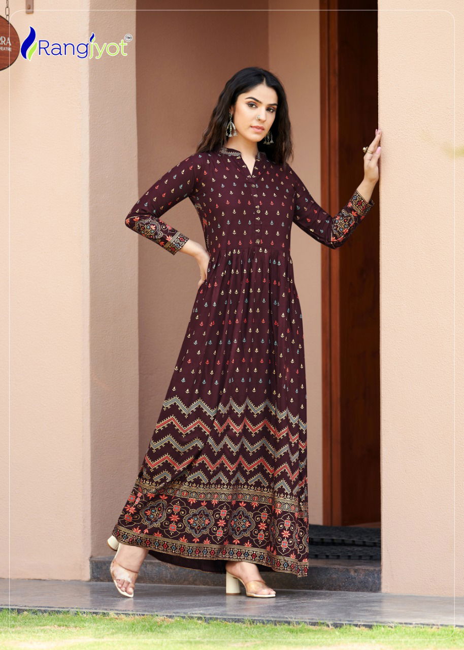 Rangjyot Sehnaaz 501 Rayon Designer Party Wear Long Anarkali Kurti Collection